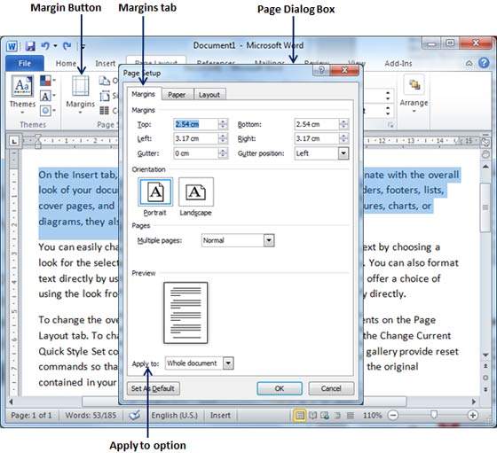 changing margins in word